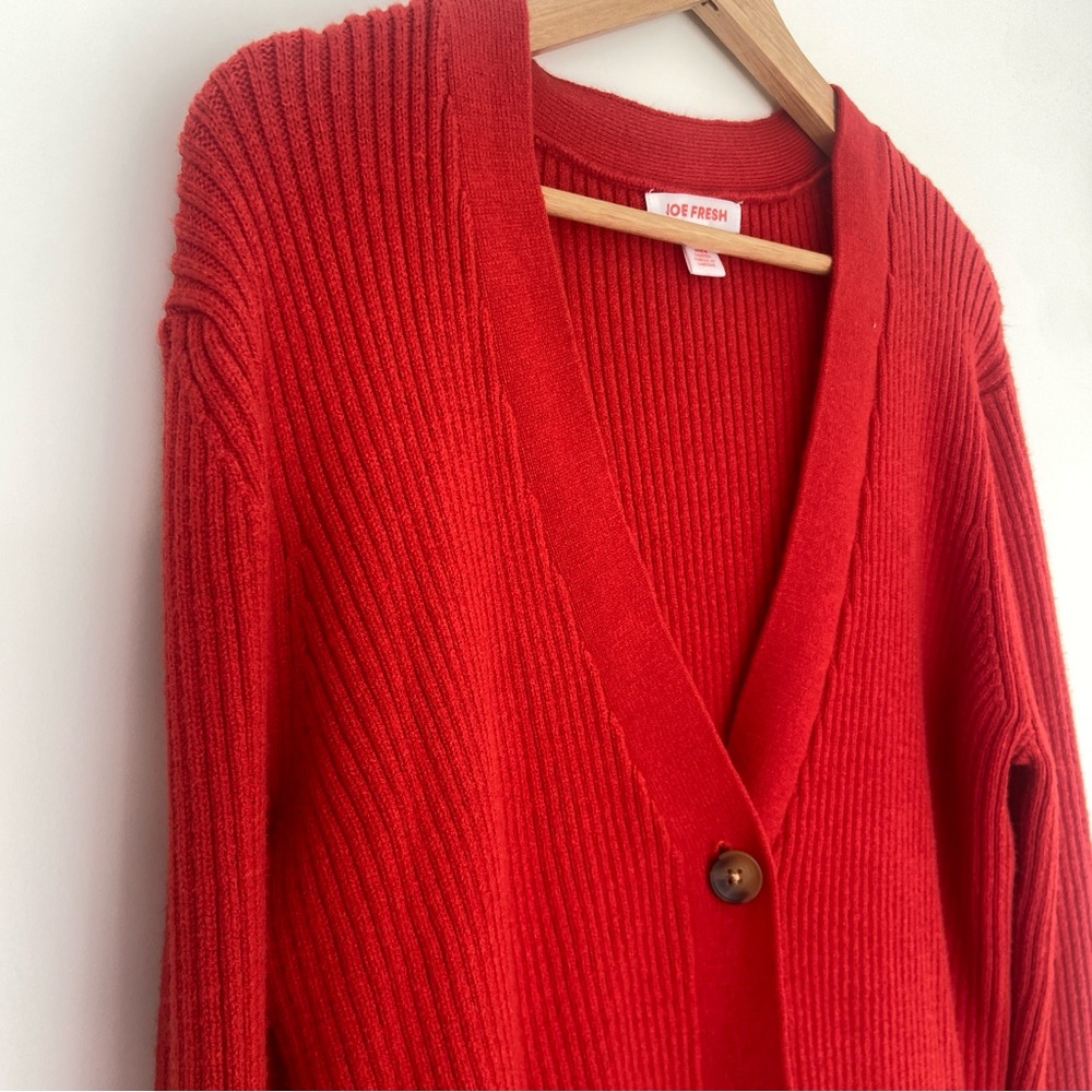 JOE FRESH BRIGHT RED RIBBED CARDIGAN WITH TORTOISE SHELL BUTTONS, LARGE - Picture 3 of 7